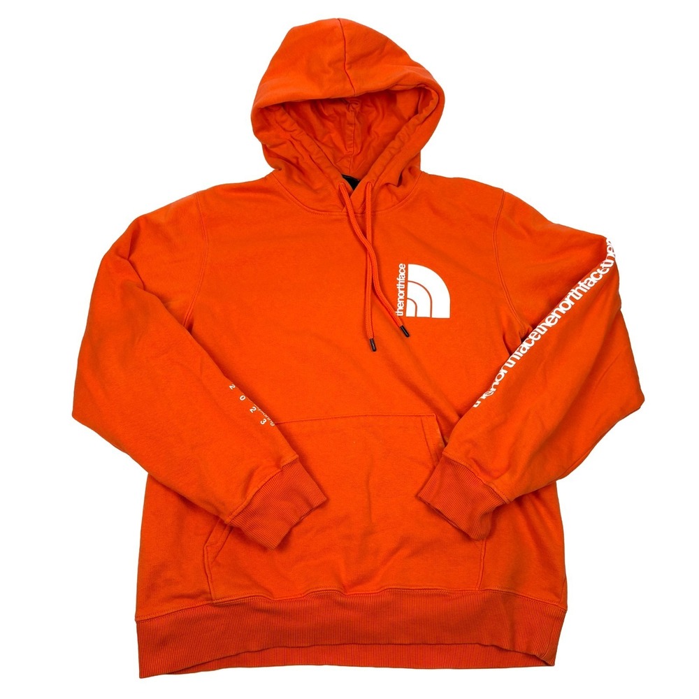 North Face Never Stop Exploring Pull Over Hoodie Mens Sz M Orange White Spellout